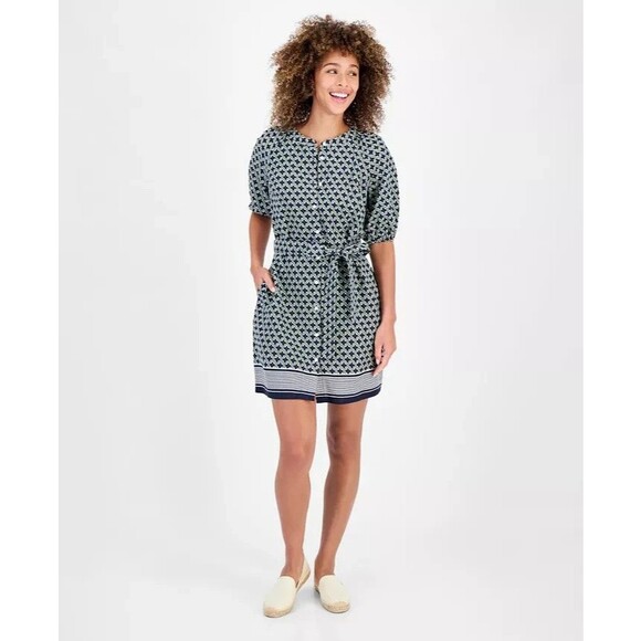 Nautica Jeans Women’s Foulard-Print Linen-Blend Midi Shirtdress, Gray, XL - Picture 1 of 4